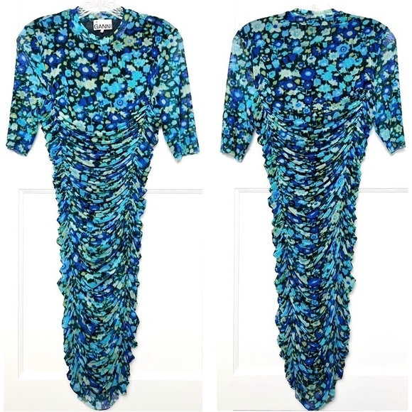 GANNI Floral Ruched Stretch Tulle Short Sleeve Crew Neck Bodycon Sheath Dress XS - Picture 11 of 16
